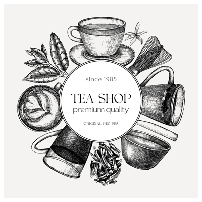 Hand sketched tea drinks round design. Vintage teacups, glasses, leaves, flowers hand drawings wreath. Tea beverages card or invitation template. For recipe, menu, label, packaging.